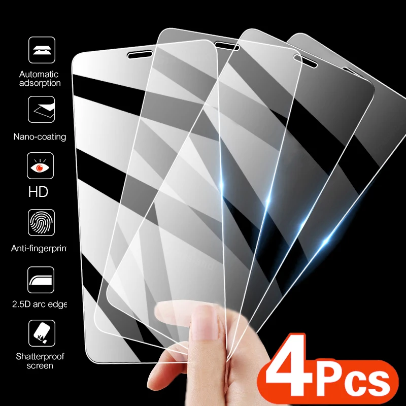 Закаленное стекло с полным покрытием для iPhone 12 11 Pro Max 4 шт. Защита экрана X XS XR 7 8 6 Plus