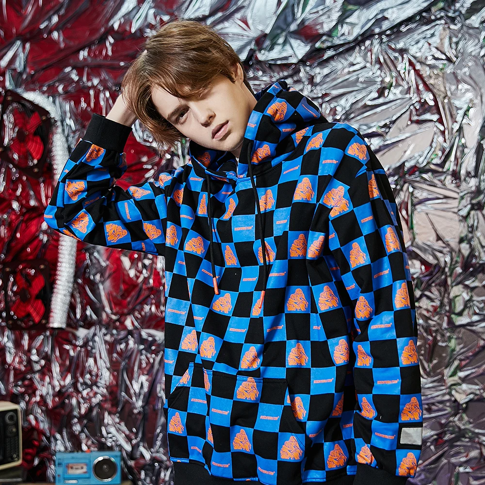 Цветной клетчатый пуловер с капюшоном Мужская Уличная одежда в стиле хип хоп