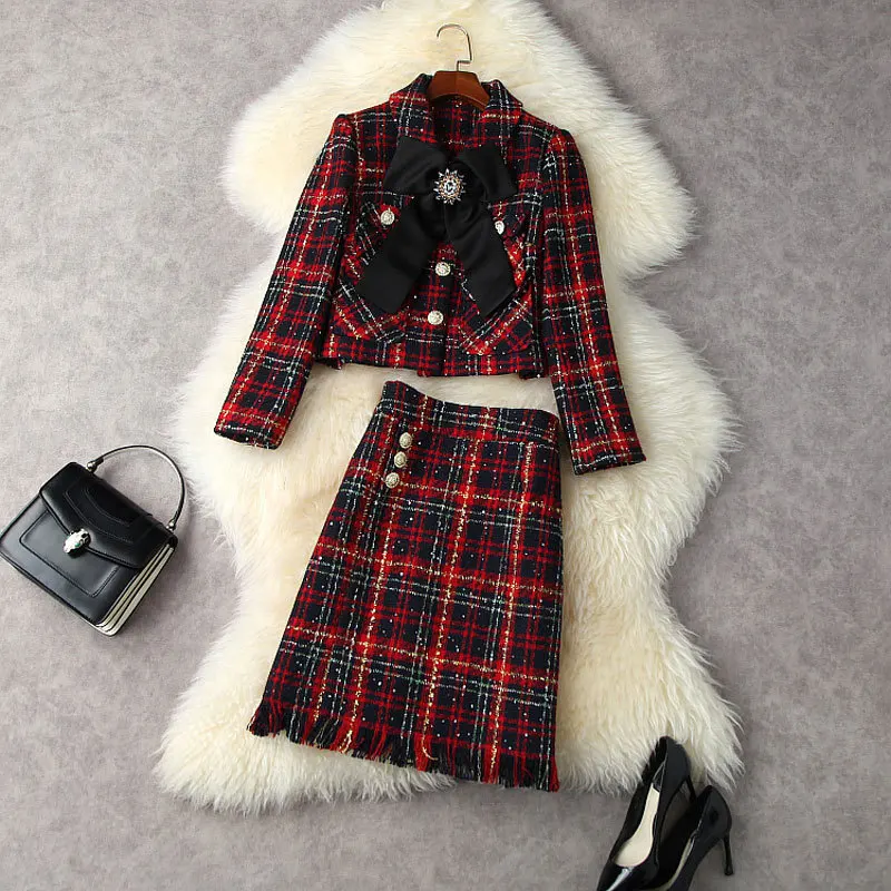 

2021 Winter Women's Clothing Set Bow Turn Down Collar Short Tweed Jacket + Plaid Tassels Skirt Suit Female S-XXL