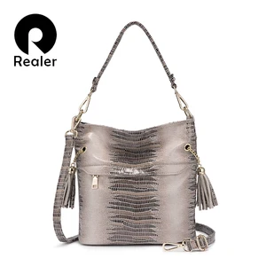Сумка REALER Женская, с кисточками, под змеиную кожу, 2020