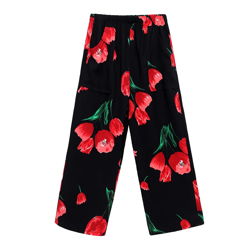 

Plus Plaid New Summer Size Casual Retro Print Bohemian Wide Leg Women Loose High Waist Trousers Beach Pants