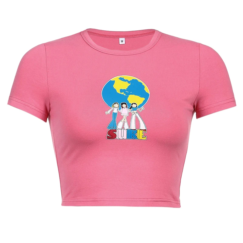 

Cute Pink Graphic Y2K Aesthetic Crop Top T Shirt for Women Kawaii Girls Short Sleeve Vintage 2000s Cropped Y2K T-shirt