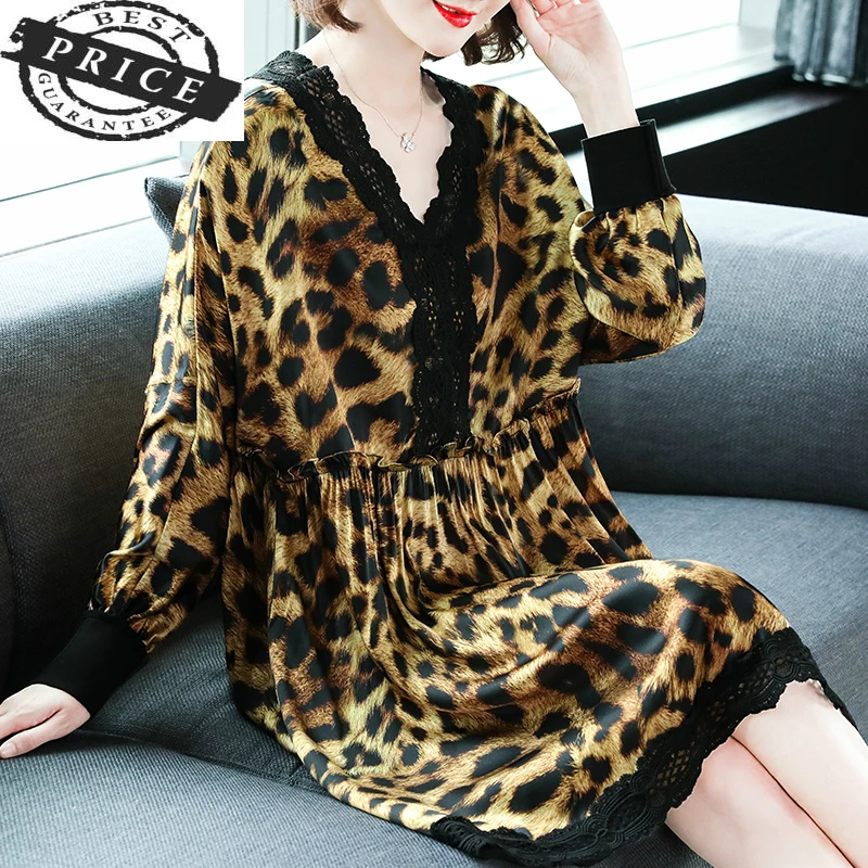 

Silk Dress Women Summer Dress Mini Leopard Dresses Sexy V Neck Lace Dresses Loose Vintage Vestidos Verano 2021 LWL1a16