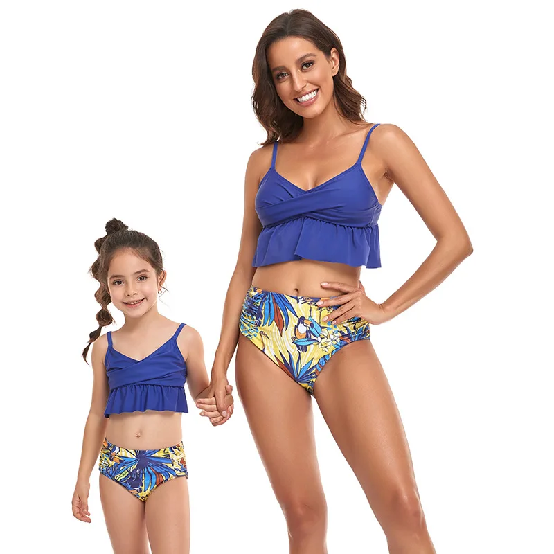 

2022 Blue Matching Outfits Mother Daughter Swimwear Mommy and Me Bikini Dress Clothes Swimming Swimsuit