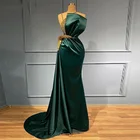 Темно-зеленые атласные вечерние платья Gols, платья с блестками и бусинами на тонких бретельках, с рюшами, платье с юбкой-годе для выпускного вечера, официальная одежда с застежкой-молнией на спине и шлейфом