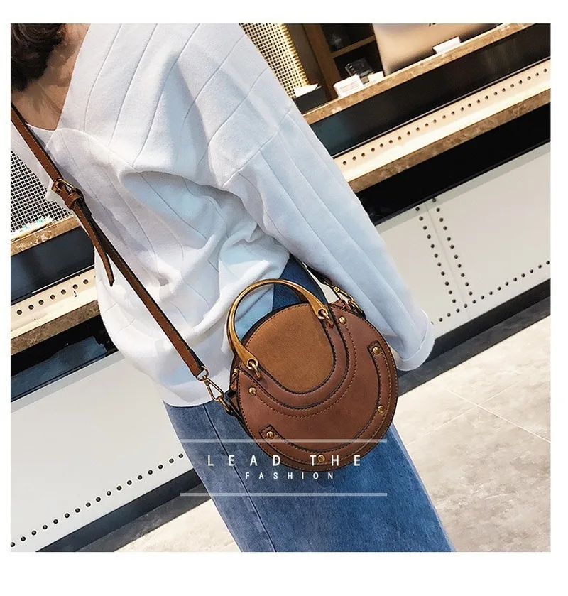 

Women Totes Bag Fashion Circular Leather Retro Brand Metal Ring Handbag For Girl Small Round Lady Shoulder Messenger Bags
