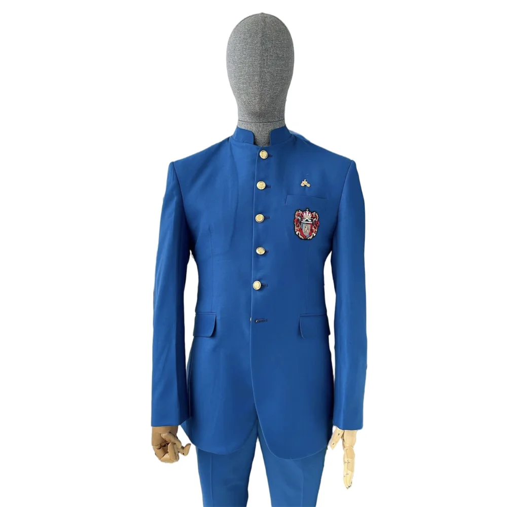 

Мужской облегающий костюм из 2 предметов/синий блейзер с воротником-стойкой и брюки, официальный деловой мужской костюм/Свадебная мужская одежда по индивидуальному заказу