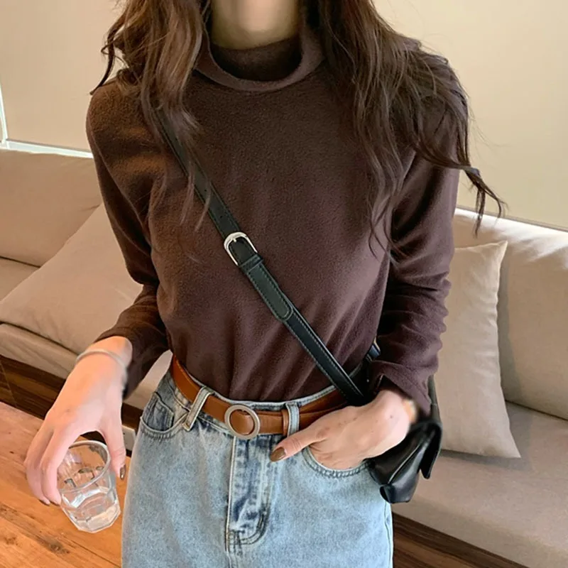 

Students' High Collar Thickened Blouse Korean Version Fleece Solid Color Long Sleeve Pullover Bottoming