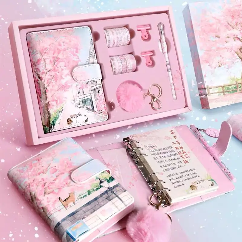 

Sakura Hand Account Book Gift Box Set A6 Loose-leaf Notebook Journals Agenda Planner Gift Set Student Notebook Stationery
