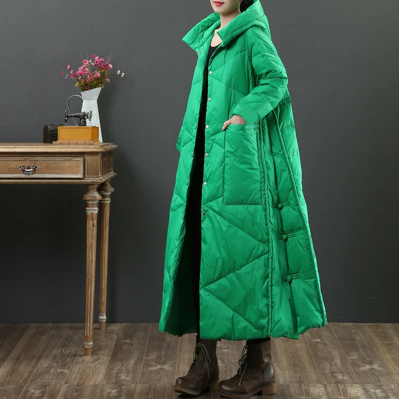

White duck Down Jacket Thick Loose Large size Outerwear literature and art Retro Hooded Long Women Winter down Coat Parka M328