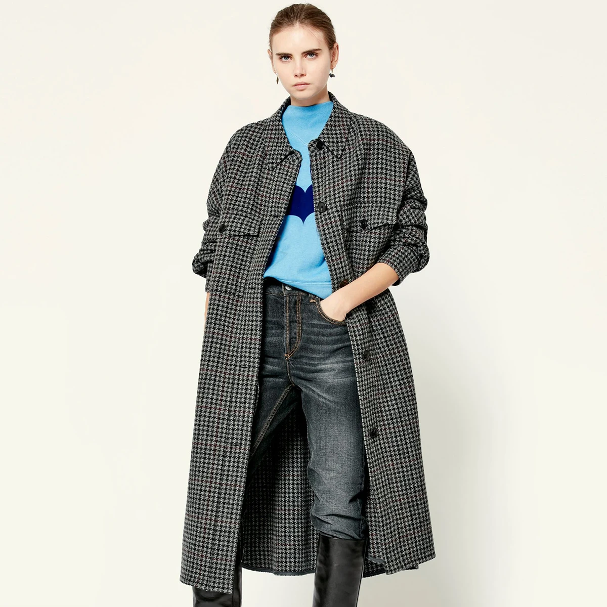 

Etoile Plaid Wool Blends Coat Women 2021 Winter Long Sleeve Turn Down Collar Fashion Jacket Femme Long Outwear Office Lady Coats