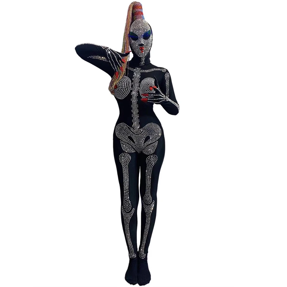 

Skeleton Bone Sexy Jumpsuits Rhinestones Halloween Role Playing Costume Rave Nightclub Uniform Costumes Club Bodysuit For Women