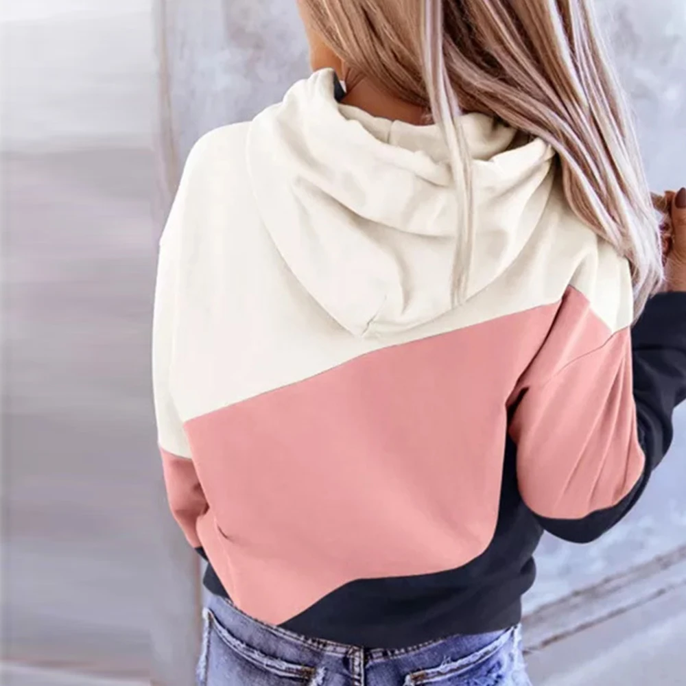

Women Fashion Loose Casual Hoodie Sweatshirt Color Block Patchwork Long Sleeve Pullover Jumper Streetwear Femme Tops with Pocket