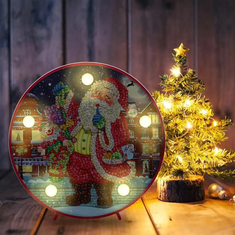 Pintura de diamantes artesanal 5D, luz LED para lámpara de muñeco de nieve Forma especial, mosaico bordado de búho, Kit sin terminar, regalo de Navidad, decoración del hogar