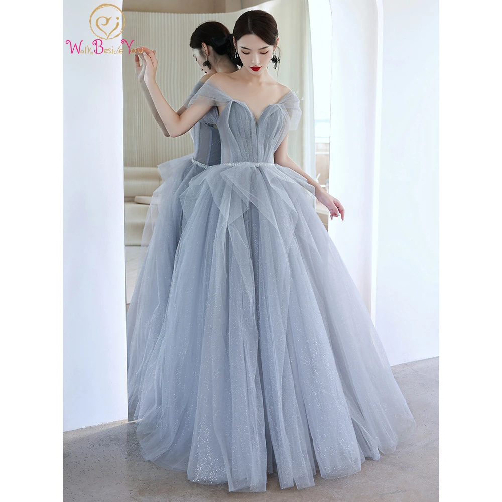 

100% Real Gray Evening Dresses Glitters Ball Gown Sweetheart Off Shoulder Ruffles Beaded Waistband Celebrity Prom Gowns Party