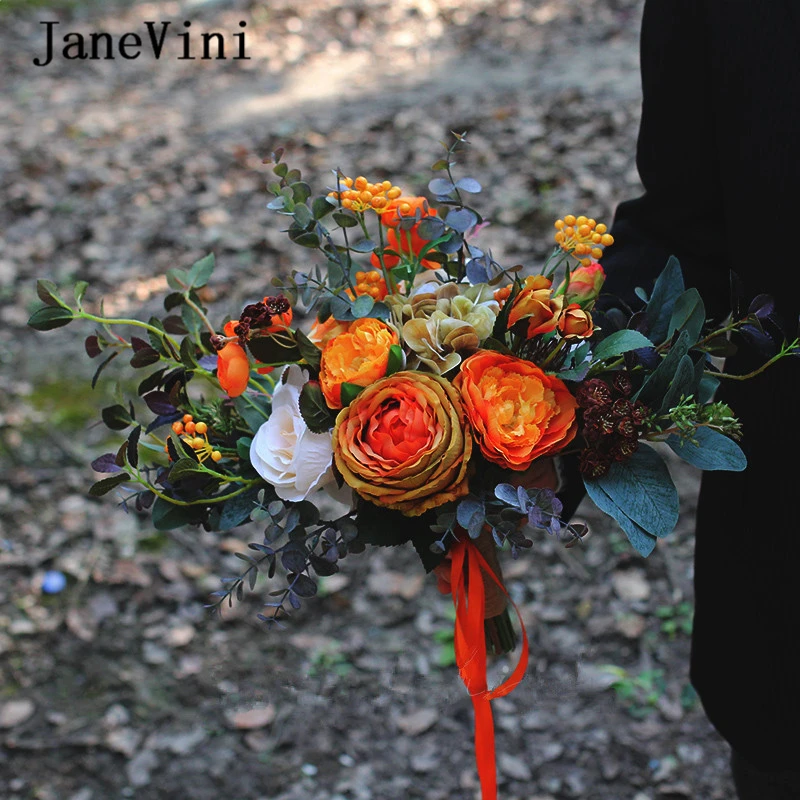 

JaneVini винтажный Свадебный оранжевый букет для невесты, 2020 шелковые розы ручной работы, свадебные цветы, Осенний свадебный букет, аксессуары
