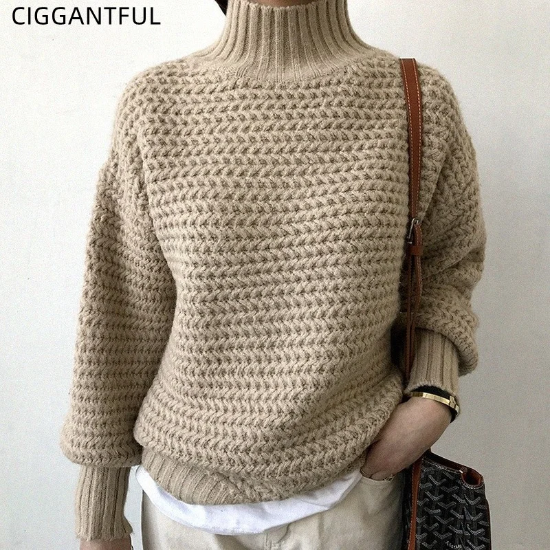 

2021 осень зима корейский толстый шерстяной твист теплый свитер с высоким воротом женский свободный уличная трикотажный пуловер модный базо...