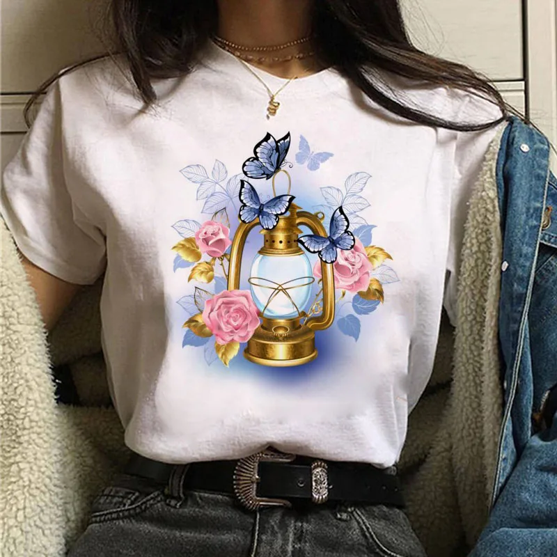 

New Women T Shirt Butterfly Flower Ice Cream Print T Shirt Female O-neck Short Sleeve Tops Tee Ladies Cute Tee Shirts Clothing