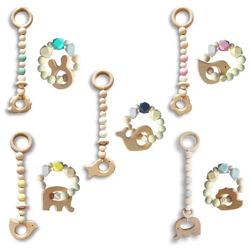 

2 Pcs/set Children Cartoon Wood Pendant Toys Baby Newborn Exercise Bracelet Wooden Beads Hanging Ornament Decoration 97BE