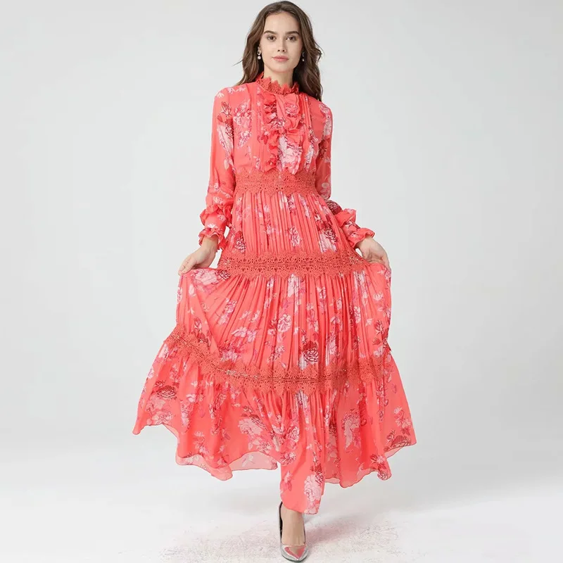 

French Elegant Red Small Floral Elegant Dress Stitching Big Swing Elegant Fashion New 2021 Women's Spring Clothing