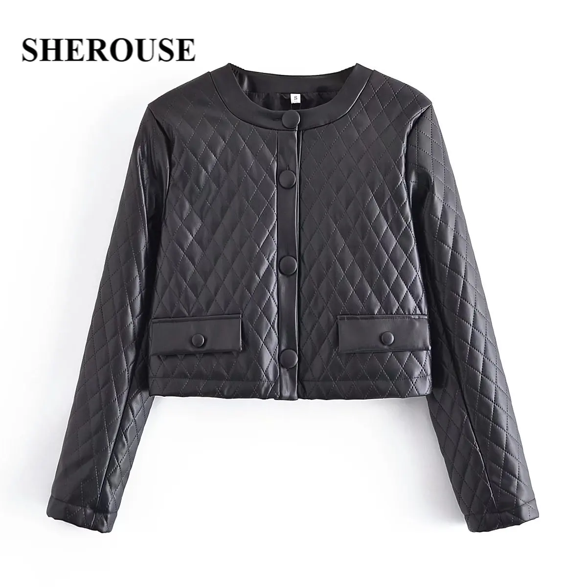 

Женский однобортный пиджак Sherouse, черный однотонный жакет из искусственной кожи с круглым вырезом и длинными рукавами в винтажном стиле, шик...