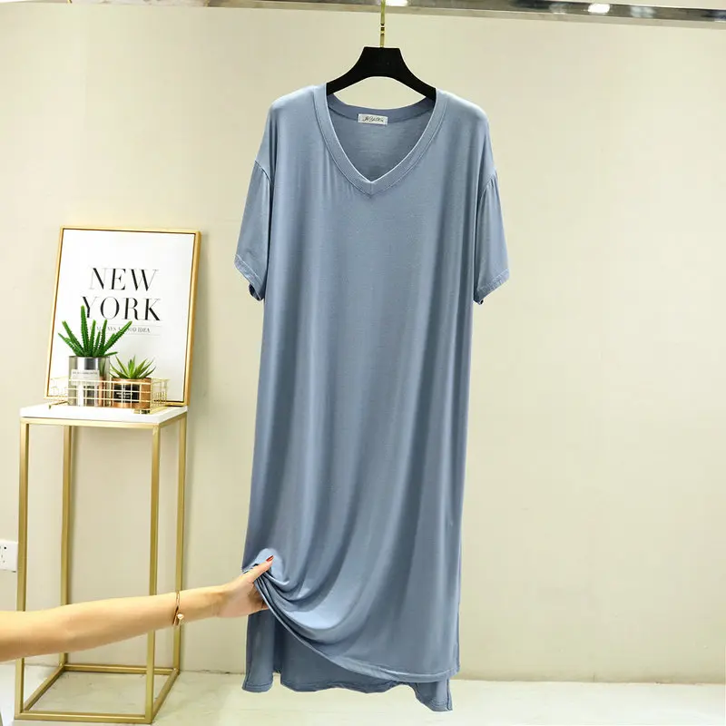 Fdfklak V-Neck Deign 2022 Summer New Modal Nightdress Women Sleepwear Solid Loose Leisure Night Dress Solid Color Nightgown