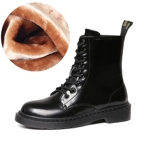 Baimier Winter Black Patent Leather Women Boots Fashion Round Toe Lace Up Ankle Boots For Women Warm Plush Women Winter Boots - Цвет: Black Fur Boots