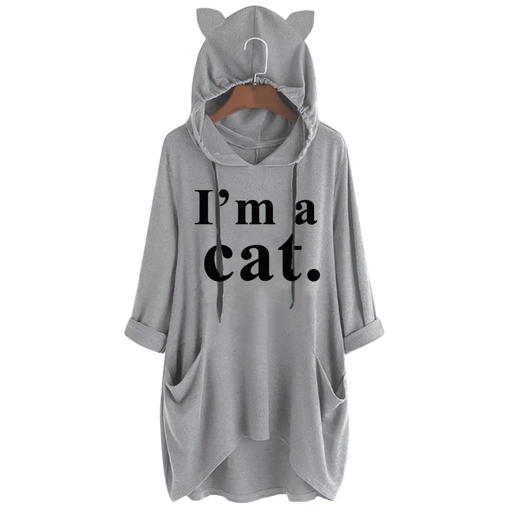 Харадзюку худи с кошачьими ушами для женщин kawaii I Am A Cat с буквенным принтом толстовка с капюшоном Большие размеры Топы Блузка с карманами верхняя одежда