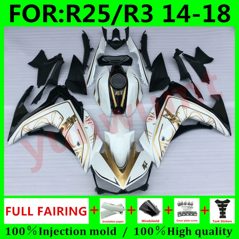 

New ABS Motorcycle Full Fairings Kit Fit For Yamaha YZF R3 2015 2016 2017 2018 YZF R25 15 16 17 18 fairing Bodywork gold white