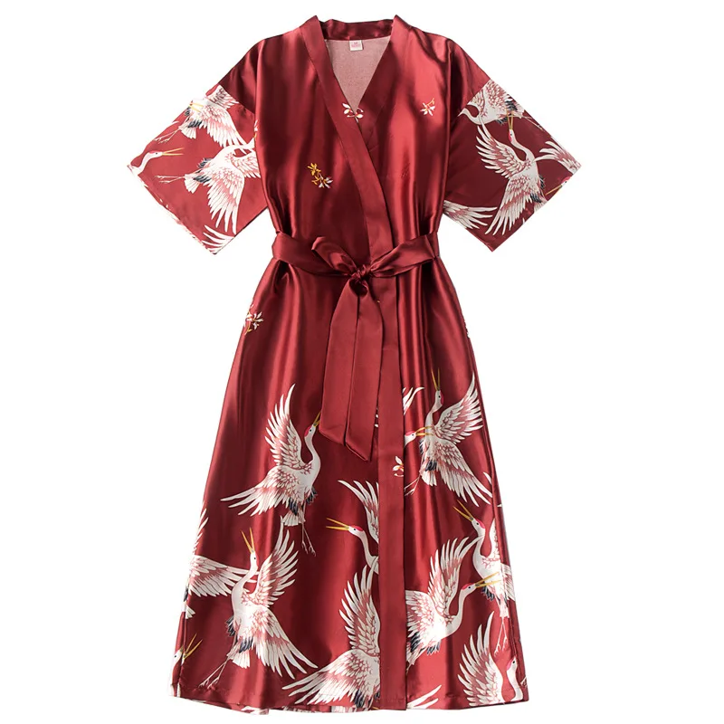 Print Crane Lady Kimono Bathrobe Gown Women Wedding Robe Loose Soft Satin Nightgown Sleepwear V-neck Long Novelty Nightwear 