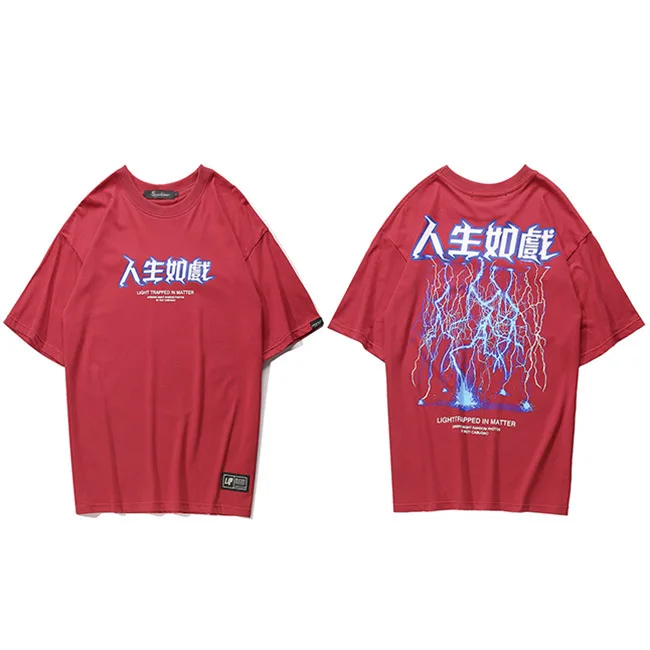 Men Hip Hop T Shirt Lightning Print T-Shirt Streetwear Chinese Letter Tshirt Oversized Harajuku Summer Tops Tees Cotton New - Цвет: B73A06 Red