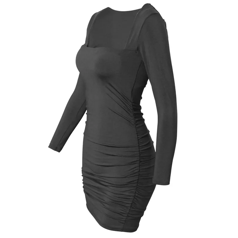 

VISNXGI Square Neck Long Sleeve Sheath Sexy Dresses For Women Solid Basic Slim Wrap Ruched Mini Club Party Bodycon 2021 Clothes