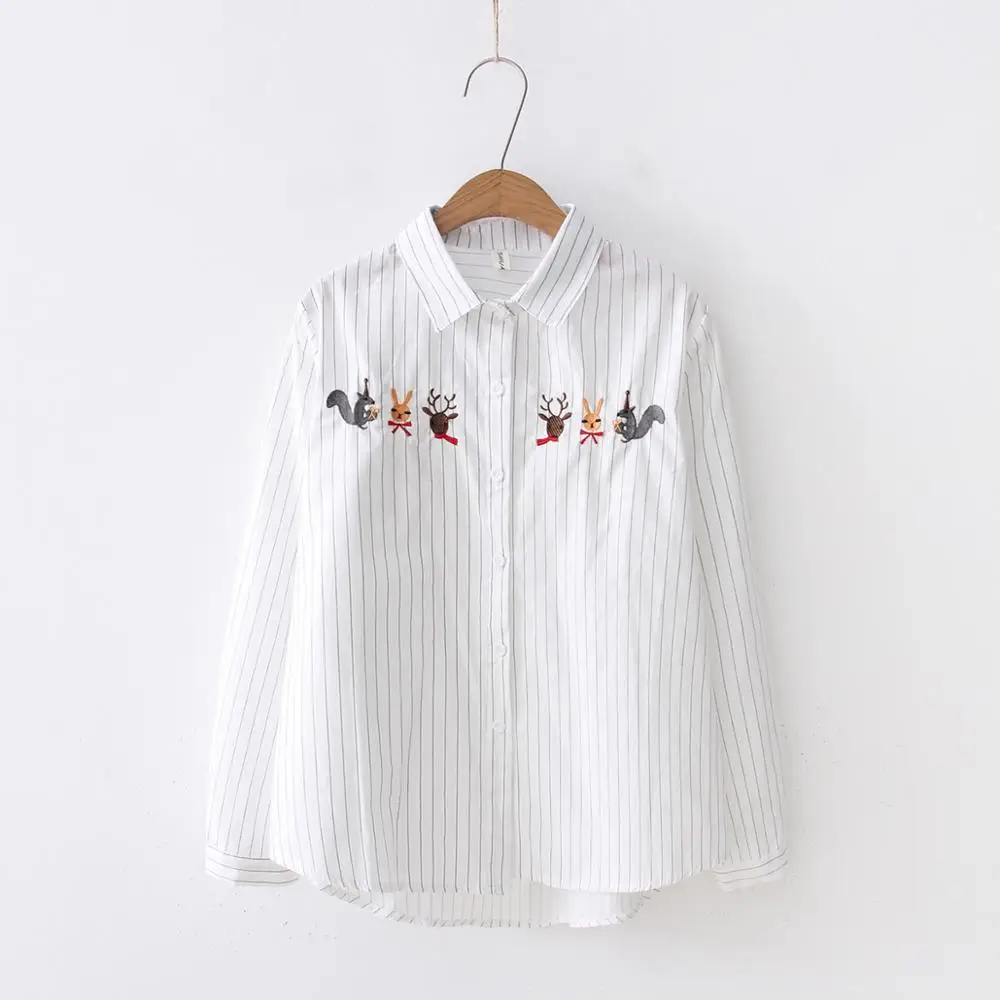 Gray stripe deer Полосатая женская блузка с вышивкой рыбы, Лоскутная, на пуговицах, с отложным воротником, с длинным рукавом, хлопковая рубашка, Blusas Feminina T88011F - Цвет: Gray stripe deer