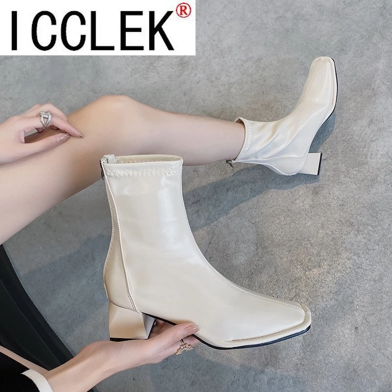 

Winter Hingh Heel Boots PU Ankle Black Boots Sqaure Heels Ladies Riding Square Toe Leather Boots Women Botas Mujer