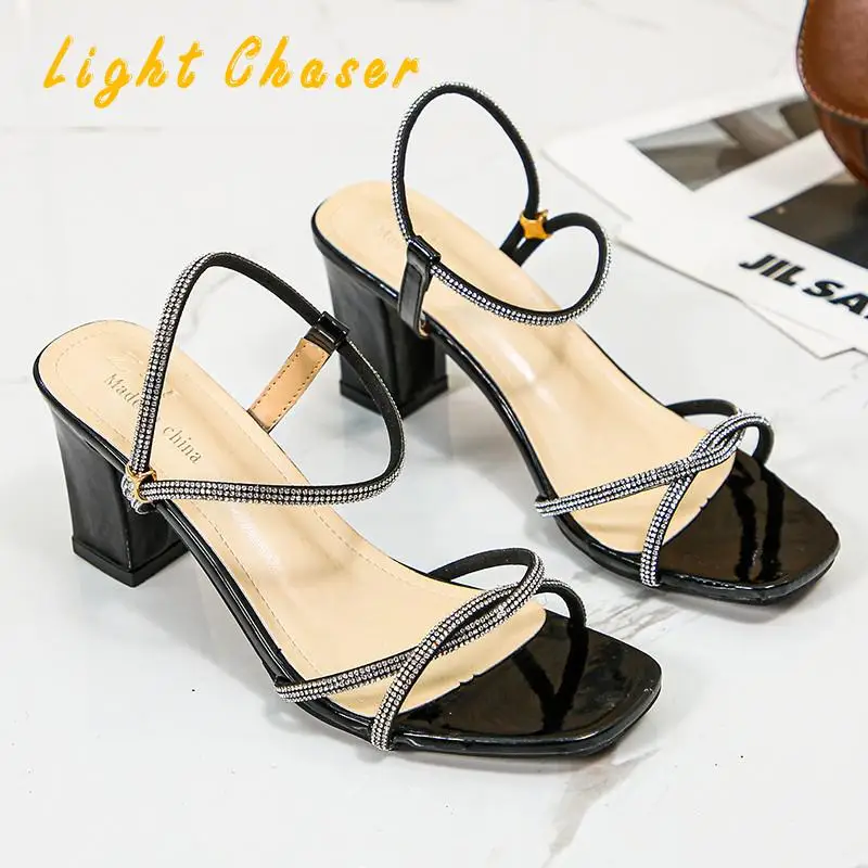2021 Sandals Women's High-heeled Women's Sandals One Word Buckle Rhinestone Thick With Fish Mouth Summer Shoes Woman High Heels