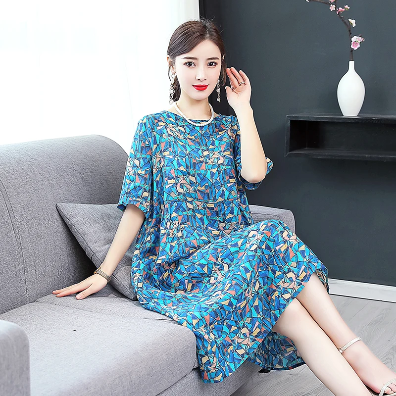 

Large size M-3XL 2019 Summer and autumn round neck sleeves literary cotton and linen loose slimming long section ramie dress