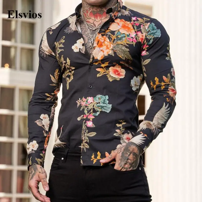 

Рубашка мужская с отложным воротником, модная пляжная блуза с длинными рукавами, на пуговицах, Повседневная приталенная, в стиле ретро, с цв...