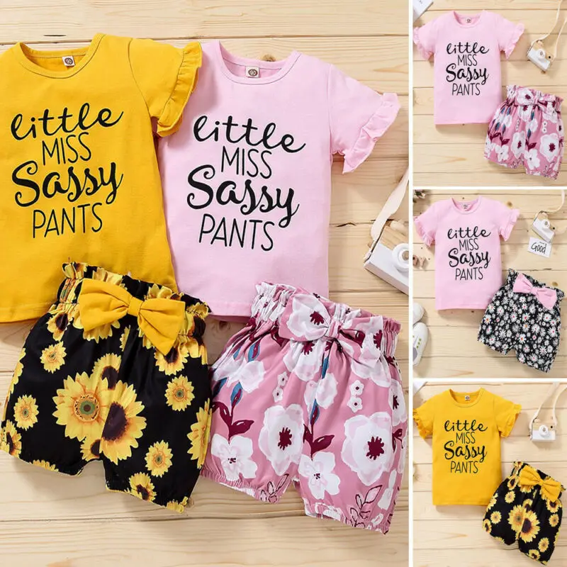 

Summer Short Sleeve Set Girl Cute Letter Print Lotus Leaf Crew Neck T-shirt Fashion Casual Bow Floral Shorts Two Piece