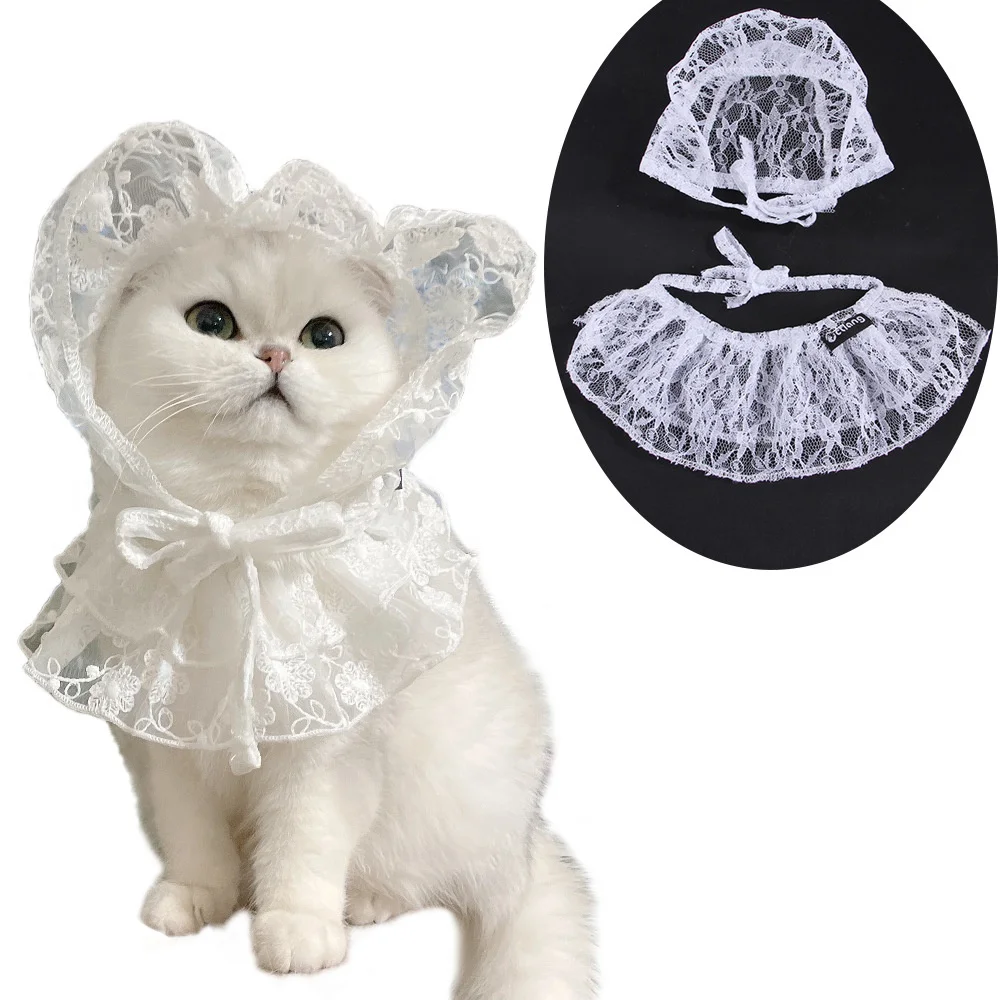 Pet Cat Headdress White Gauze Lace Scarf Hat Set Exquisite White Gauze Saliva Towel Pet Lace Hat Pet Clothing Accessories
