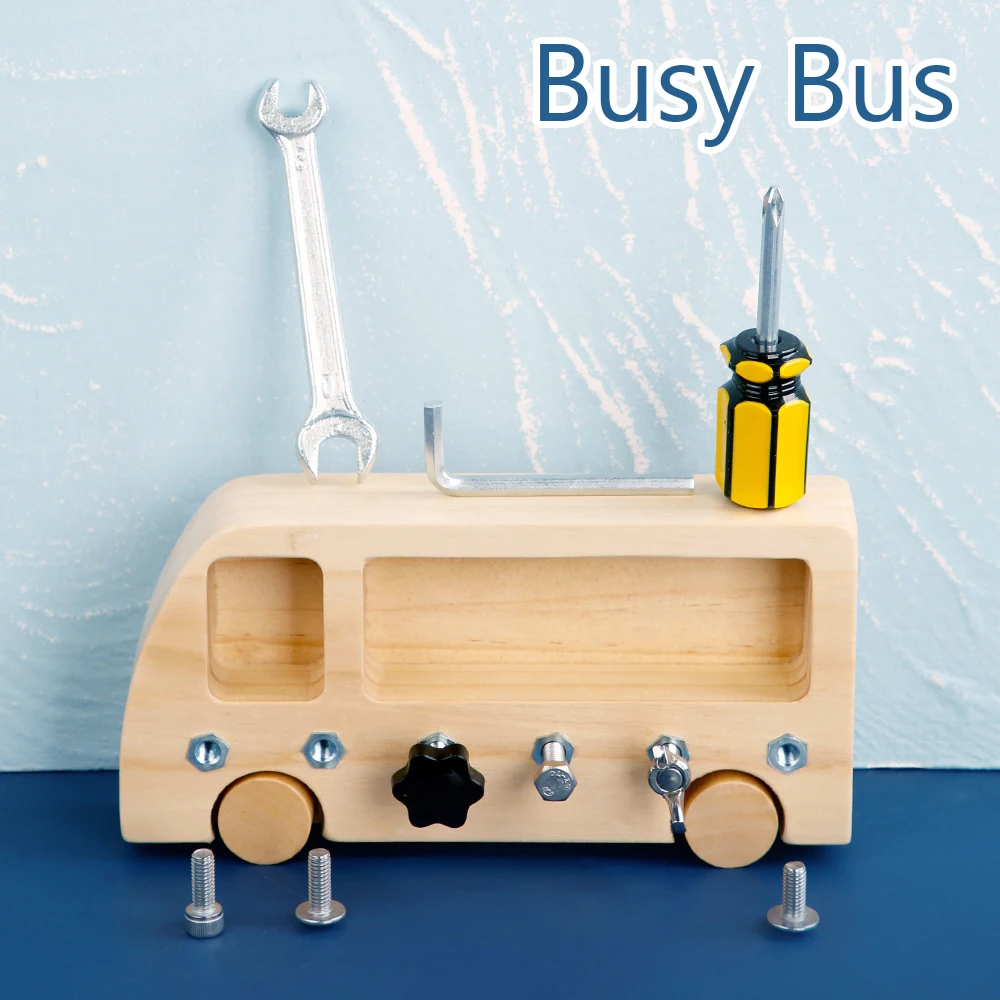 

Montessori Busy Board Bus Toys Wooden Screw Driver Game Basic Lift Skill Montessori Early Learning Education Toy Simulation Tool