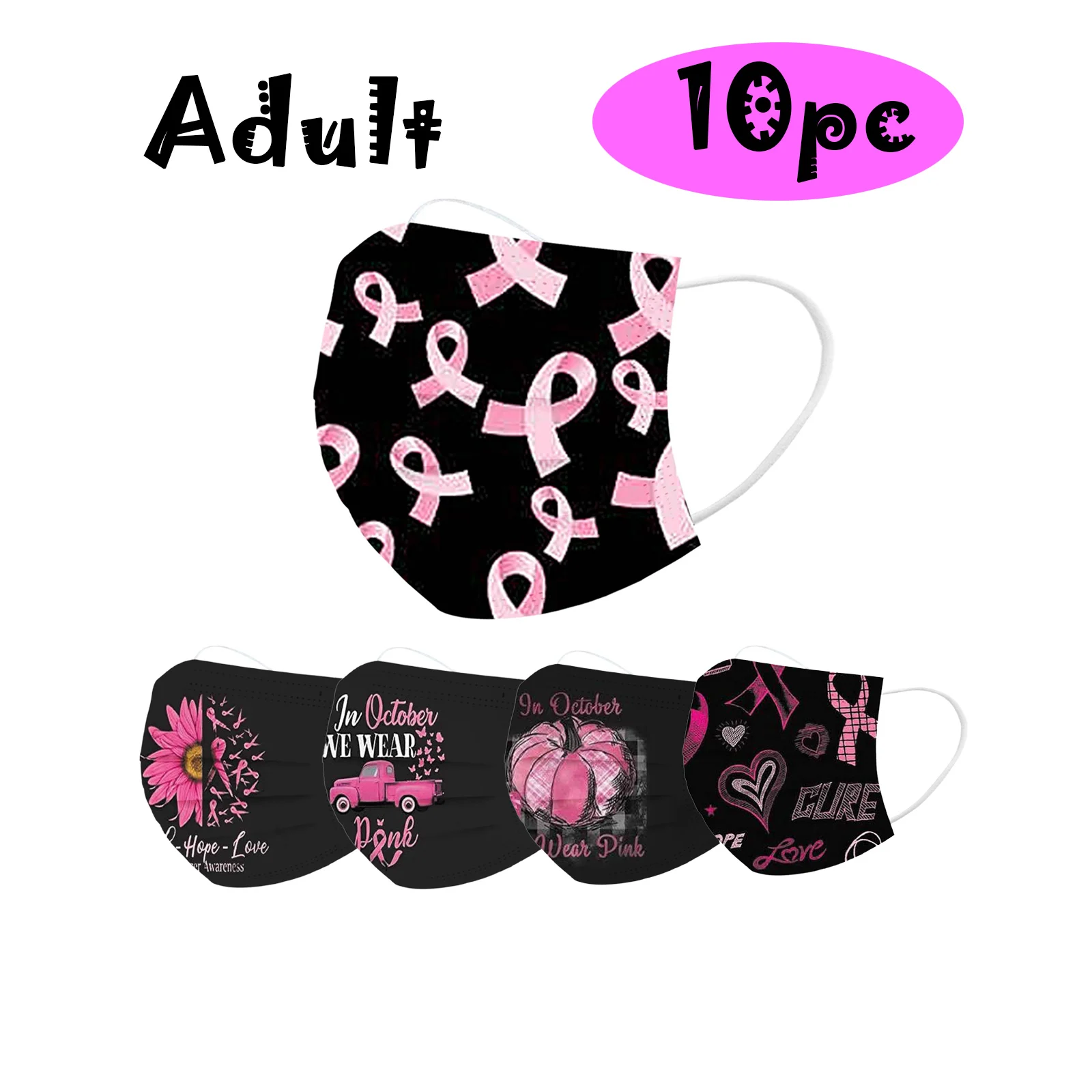 Женские одноразовые маски для лица Hope Ribbon Adult Disposable 3-layer Mask, 10 штук, с символикой борьбы с раком груди, для Хэллоуина и косплея.