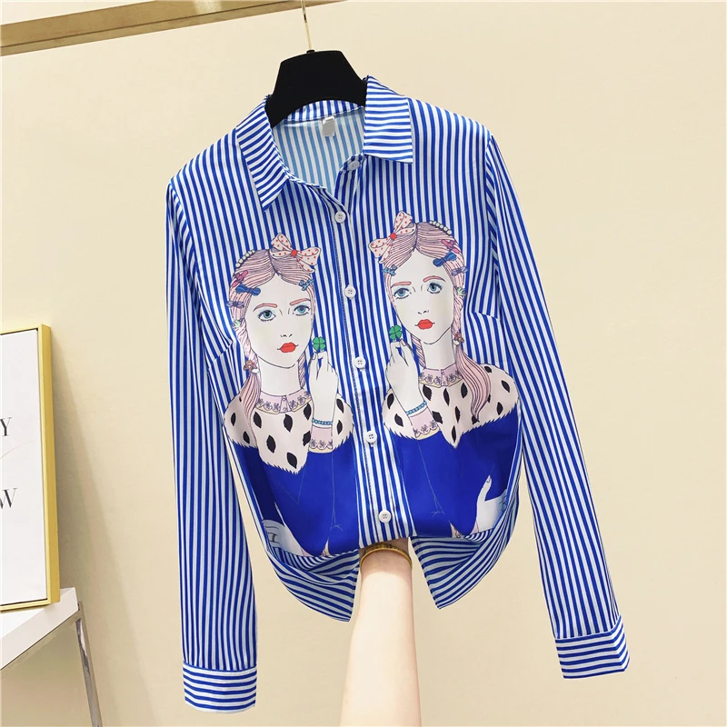 

Blue Vertical Striped Vintage Printed Shirt Women's 2020 Spring New Long-Sleeve Shirt Top Ladies Blouse
