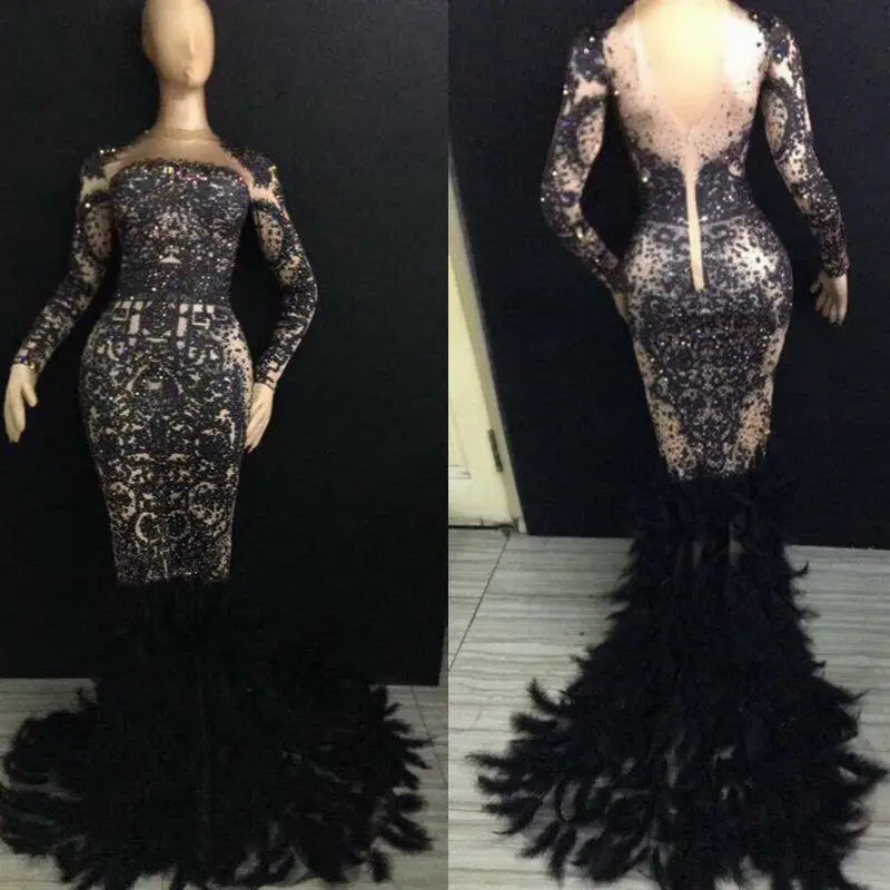 Блестящее платье труба с перьями женское сексуальное черное длинное для ночного