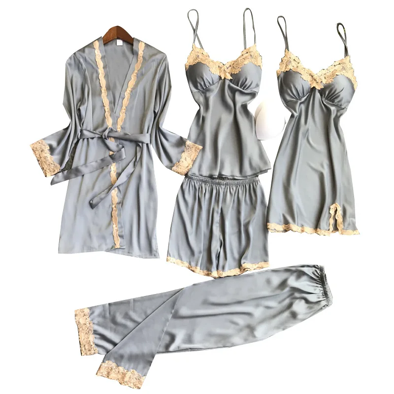 

Women Pink Pajamas Set Satin 5PCS Sleepwear Silky Sleep Set Lace Trim Kimono Gown Female Casual Pyjamas Suit Home Dressing Gown