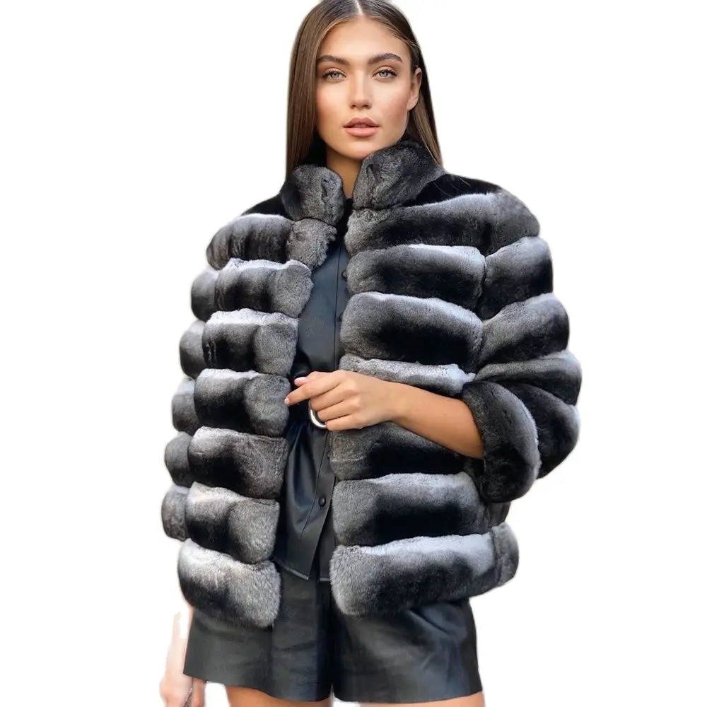 Natural Rex Rabbit Fur Jacket Stand Collar Women 2022 Winter New Whole Skin Genuine Chinchilla Color Rex Rabbit Fur Coat Outwear