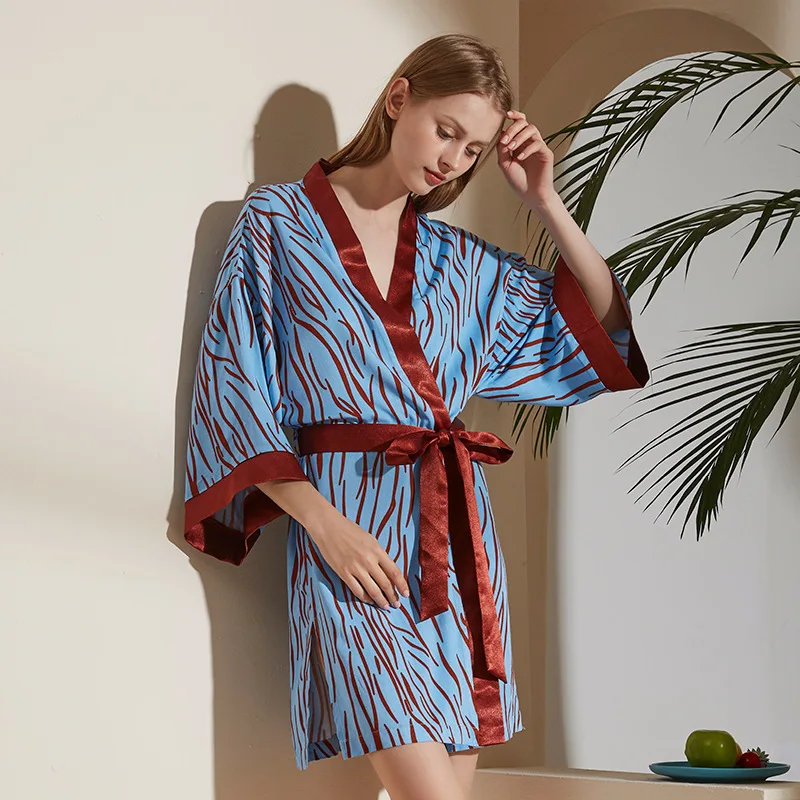 

Women Stripe Rayon Kimono Robe Sexy Cardigan Nightdress Bride Lingerie Dressing Bathrobe Gown Loose Sleepshirt Summer Home Dress