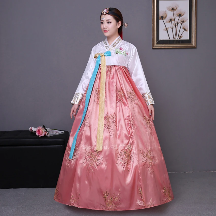 

Traditional Korean Dress Hanbok 2020 New Multicolor Folk Stage Performance Dance Costume Sequins Wedding Pincess Party Clothing