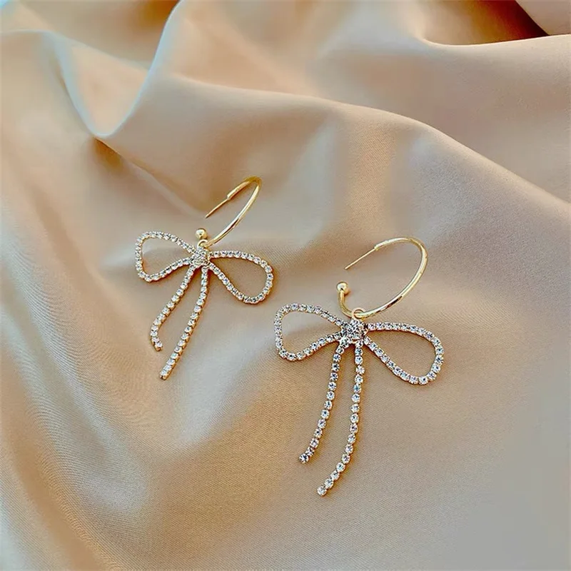 Крупные висячие серьги с кристаллами и бантом модные элегантные роскошные