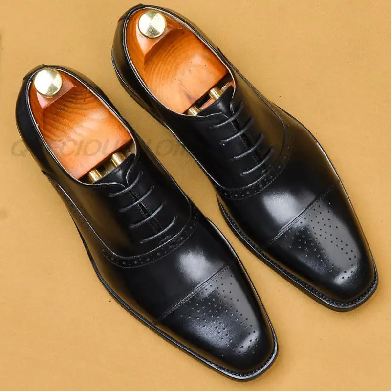 

Brand Mens Cap Toe Dress Shoe Oxford Genuine Cow Leather Brogue Shoe Burgundy Black Lace Up Office Business Formal Shoes For Men