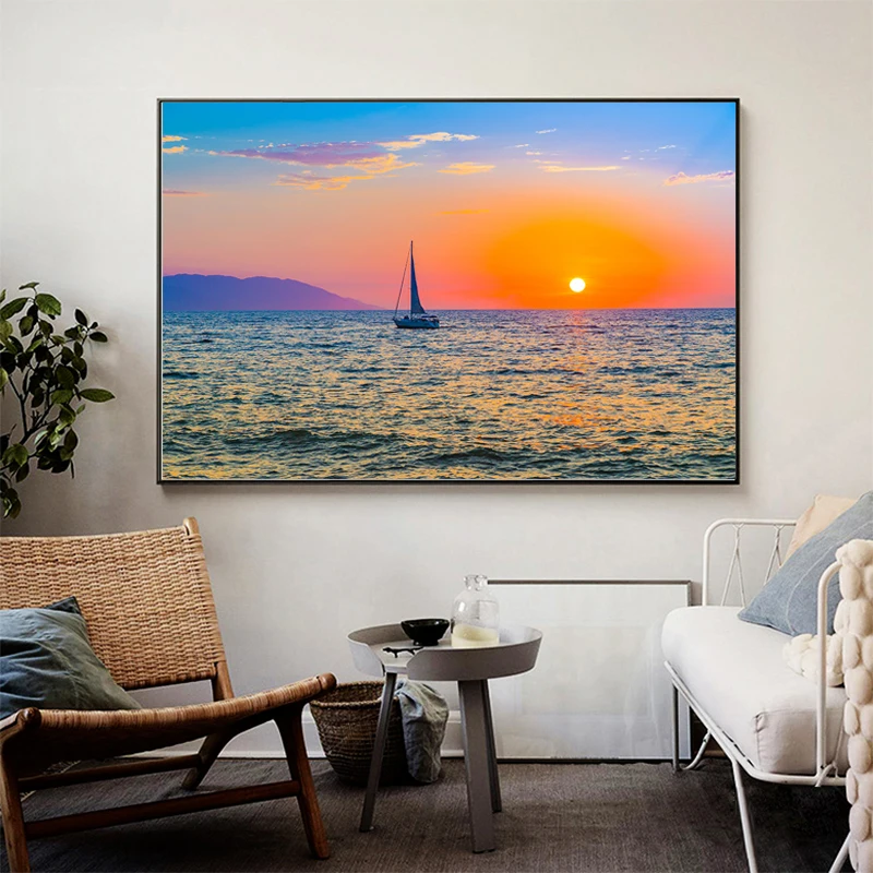 Лодка Закат Can Золотой Горизонт Холст Живопись стены художественные плакаты и
